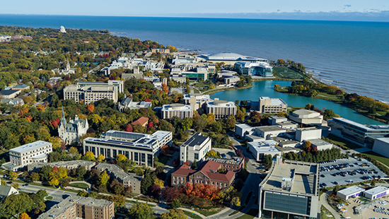 Aerial photo of Evanston campus from sky