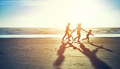 family at lake