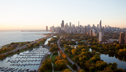 Chicago skyline drone photo, buildings, lake
